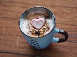 cup of hot chocolate with marshmallow grill on wooden background