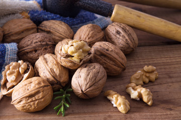 group of nuts or dried fruits on wood