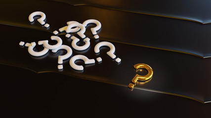 Focus on One Big Gold Question Mark and some different White Question Mark put on a Dark Metallic surface