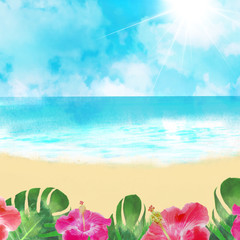ハイビスカス リゾート地 海 夏 空 背景イラスト Wall Mural あかね 吉田