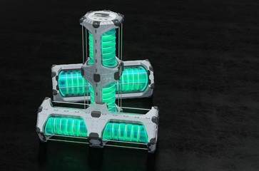 Fototapeta premium Side view of 3 SciFi Hexagonal Large Power Tank including a green translucent cylinder