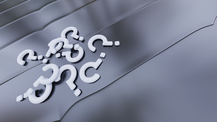 Several White Question Mark put on a Grey Metallic surface with small hard waves and soft reflections