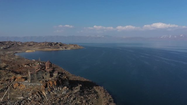 Picturesque shore of Lake Sevan in Armenia. Aerial view. Drone.