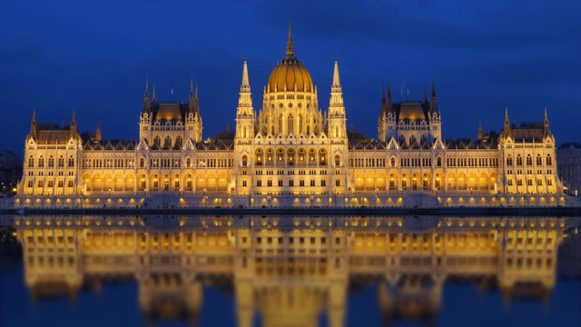 Budapest Parliament mirrored in Danube River at sunset, timelapse