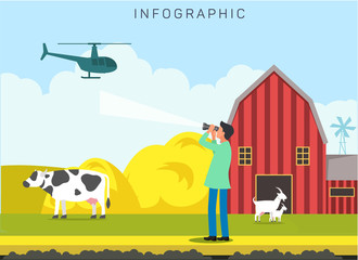 Naklejka premium Farmyard Worker, Job Flat Vector Banner Template. Farming Industry Worker Looking at Helicopter in Sky. Using Aviation for Agricultural Needs. Growing Crops, Cattle, Livestock with Modern Technologies
