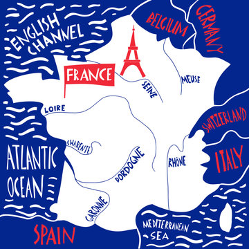 Vector hand drawn stylized map of France. Travel illustration with rivers names. Hand drawn lettering illustration. Europe map element