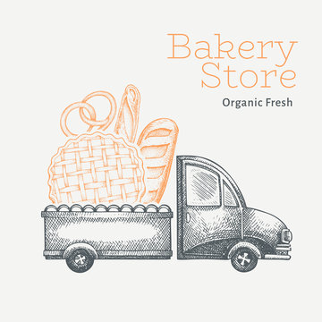 Bakery Delivery Logo Template. Hand Drawn Vector Truck With Bread Illustration. Engraved Style Vintage Food Design.
