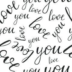 Hand drawn seamless pattern of text love you in gray color on white background.
