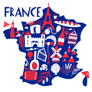 Vector hand drawn stylized map of France. Travel illustration with french landmarks, food and plants. Geography illustration