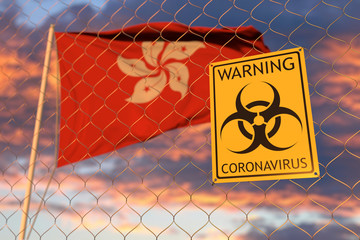 Coronavirus warning sign on the fence on the flag background. Restricted entry or quarantine in Hong Kong. Conceptual 3D rendering