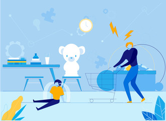 Hysterical Crying Child Rage and Father Ignoring him. Problems in Children Neurosis Behavior and Family Relationships. Hyperactivity and Attention Deficit Disorder. Flat Vector Cartoon Illustration.