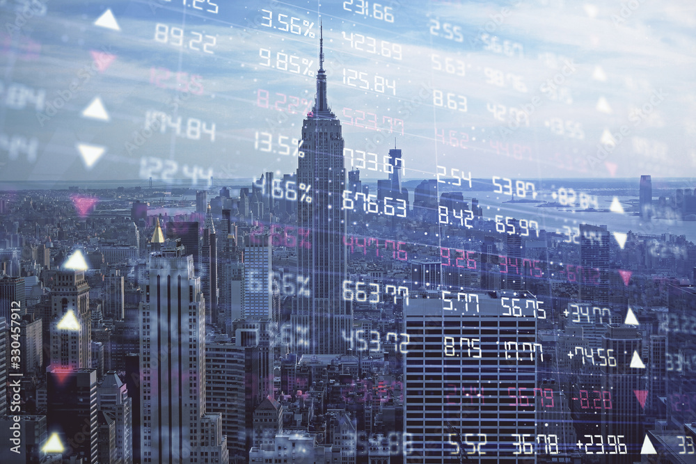 Poster forex graph on city view with skyscrapers background double exposure. financial analysis concept.