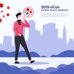 man character wear face mask, coughing and sneezing because of wuhan corona virus. isolated with city building background template. Global health warning vector illustration