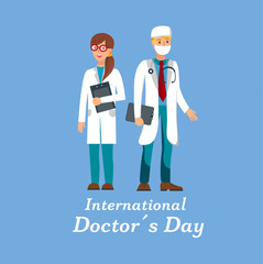 Therapist, Physician, Surgeon Cartoon Characters. Young Man Wearing Facial Mask, Woman with Clipboard Flat Vector Illustration. International Doctor’s Day Lettering. Hospital, Medical Workers