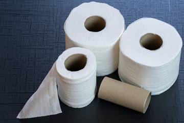 Toilet rolls on black tiled floor in bathroom