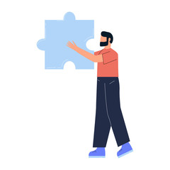 Man holding puzzle piece. Businessman standing in profile and holding puzzle. Co working and business partnership concept. Business problem solving concept. Flat vector illustration