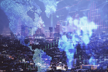 Financial graph on night city scape with tall buildings background double exposure. Analysis concept.