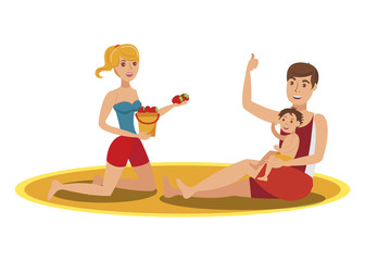 Family Eating Strawberry Flat Vector Illustration. Farmers Sharing Eco Fruits. Holidaymakers Cartoon Characters Relaxing, Sunbathing on Beach. Parents with Kid at Summer Holiday Vacation