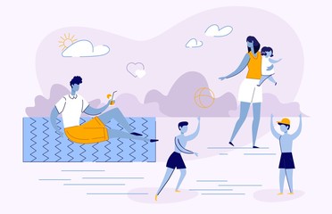 Fototapeta premium Big Family on Summer Beach Vacation, Holiday Time. Young guy, Father in Shorts and T-shirt Sits on Mat and Drinks Cocktail. Woman, Mother Holds Little Daughter in Dress. Eldest Sons Play Ball