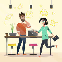 Fototapeta premium Bearded Man Designer in Office. Running Woman with Note Pad in Hand. Design Studio. Office Interior. Creative Designer. Creative Appearance. Graphic Developers. Vector Illustration. Teamwork.