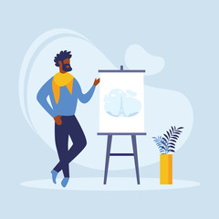 Advertising Poster Relationship with Painting. Pleasant Companionship with an Interesting Exchange Views. Beautiful Banner Man Stands at Easel and Shows Picture. Vector Illustration.