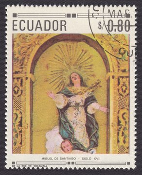 Assumption of Holy Virgin. Christian paintings and sculptures by local artists, stamp Ecuador 1968