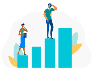 Busy Office People, Man and Woman Cartoon Characters Talking Phone and Going to Goal and Success through Financial Graphs and Charts Elements. Flat Vector Isolated Illustration in Floral Design