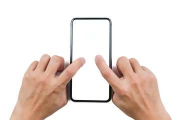 Both index finger touching the mobile phone screen in white and isolated white background. Hand & mobile phone close up shot.