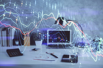 Double exposure of graph and financial info and work space with computer background. Concept of...