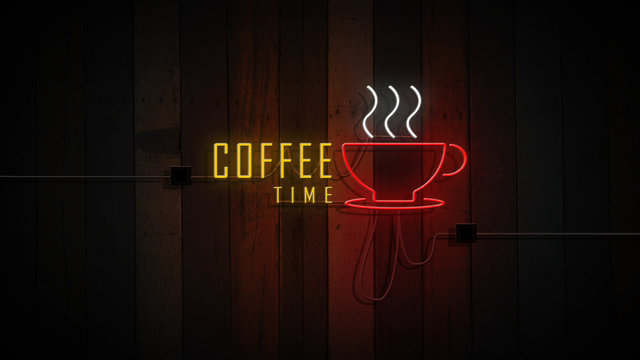 coffee time sign neon lights on wooden wall vintage - Powered by Adobe