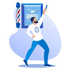 Hipster Fashioned Barber Holding Comb in Hand Posing and Disco Dance in Barbershop Interior, Men Beauty Master Clowning Stand in Funny Posture with Work Equipment, Cartoon Flat Vector Illustration