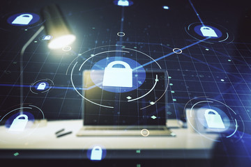 Creative idea concept with lock symbol and microcircuit illustration on modern laptop background. Protection and firewall concept. Multiexposure
