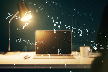 Creative scientific formula hologram on modern laptop background, research concept. Multiexposure