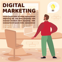 Advertising Digital Marketing Flat Banner with Promotion Text. Cartoon Male Marketer Having Creative Thinking, Brainstorming while Looking at Window. Vector Office Interior Illustration