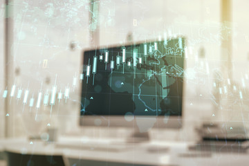 Multi exposure of abstract financial diagram with world map on computer background, banking and accounting concept