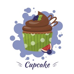 Cartoon Chocolate Glazed Cupcake in Green Package with Blueberry and Sliced Fig Ads. Flat Promotion Poster. Bakery, Confectionery or Homemade Product Presentation. Vector Logo Illustration