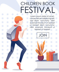 Children Book Festival Invitation Mobile Banner. Cartoon Boy Running, Hurrying on Literature Event. Schoolboy Point to Promotional Text. Library, Reading Club, Athenaeum. Flat Vector Illustration