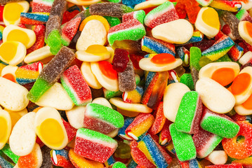 Assorted gummy candies. Top view. Jelly  sweets.