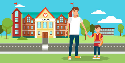 Obraz na płótnie Canvas Back to School Flat Vector Cartoon Illustration. Father and Son Standing at School Building Concept. Young Man and Boy with Backpack. Smiling Child with Rucksack. Happy Student, Pupil