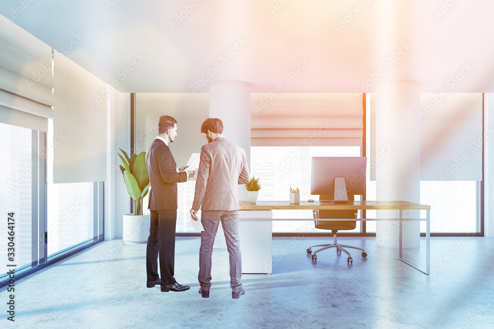 Wall mural two businessmen in panoramic white ceo office