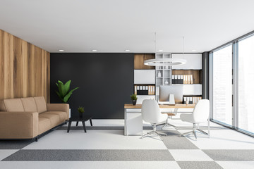 Wooden and gray CEO office interior with sofa
