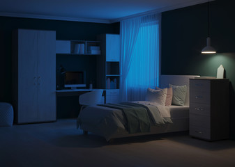 Cozy stylish bedroom designed for a teenager. Night. Evening lighting. 3D rendering.