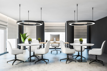Gray CEO office with white armchairs