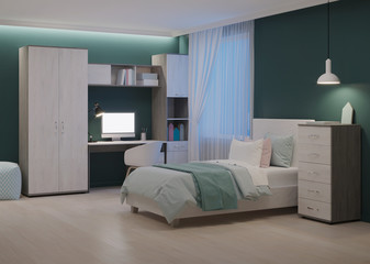 Cozy stylish bedroom designed for a teenager. Night. Evening lighting. 3D rendering.