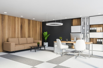 Wooden and gray CEO office corner with sofa