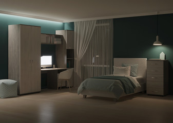 Cozy stylish bedroom designed for a teenager. Night. Evening lighting. 3D rendering.