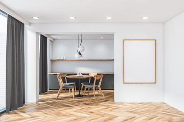 Panoramic white kitchen, round table and poster
