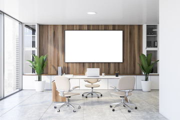 Wooden panoramic CEO office interior with poster
