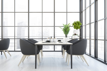 Panoramic white dining room interior