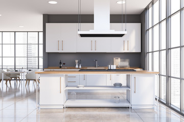 Panoramic gray kitchen with island and table